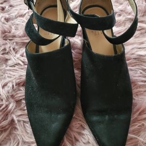 Naturalizer black suede, ankle wrap, block heel shoe.